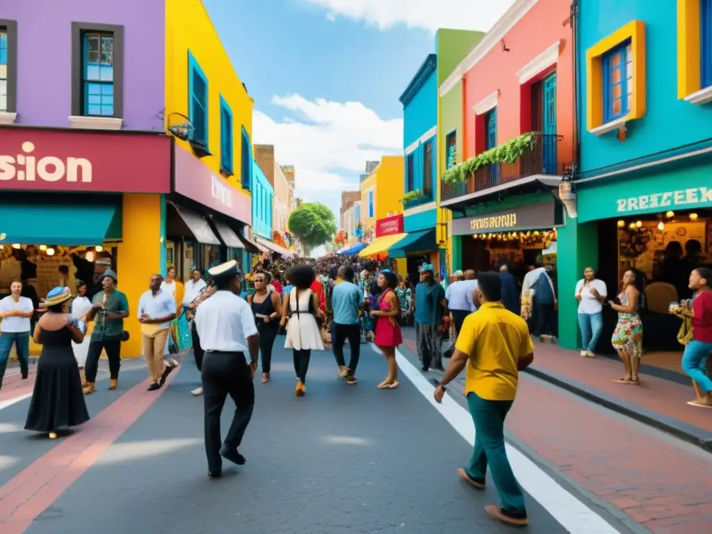 Vibrante calle de la ciudad con pidgins y criollos en metrópolis, fusionando culturas, idiomas y expresiones en un ambiente dinámico y energético