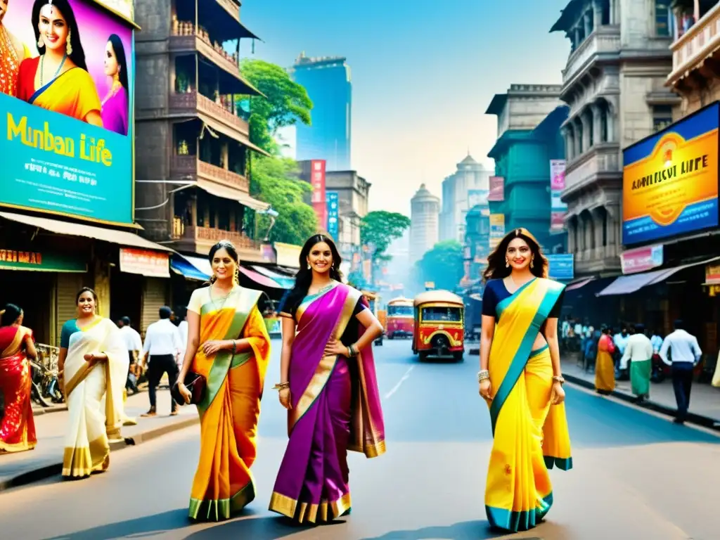 Vibrante calle de Mumbai con saris coloridos y arquitectura histórica, reflejando la influencia cultural del cine Bollywood