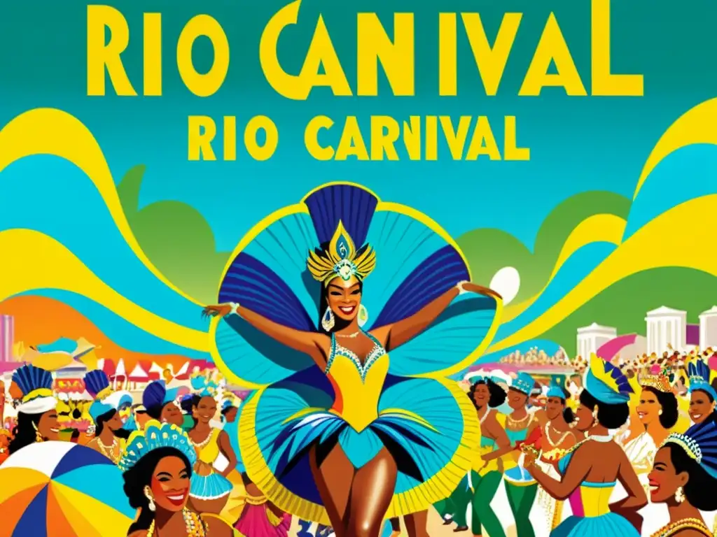 Un vibrante cartel vintage del Carnaval de Río, con desfile de carrozas coloridas, bailarines de samba en trajes elaborados y una multitud animada