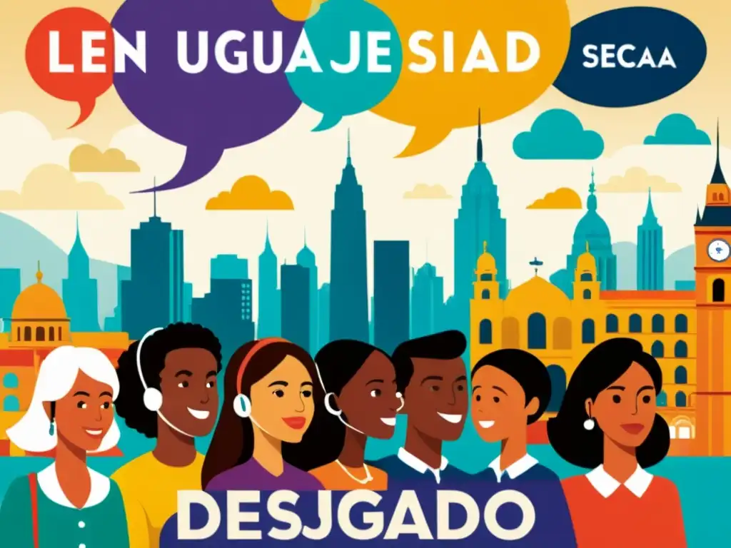 Un vibrante cartel vintage que desafía la noción de hablar, con un grupo diverso en animada conversación y globos de diálogo en diferentes idiomas