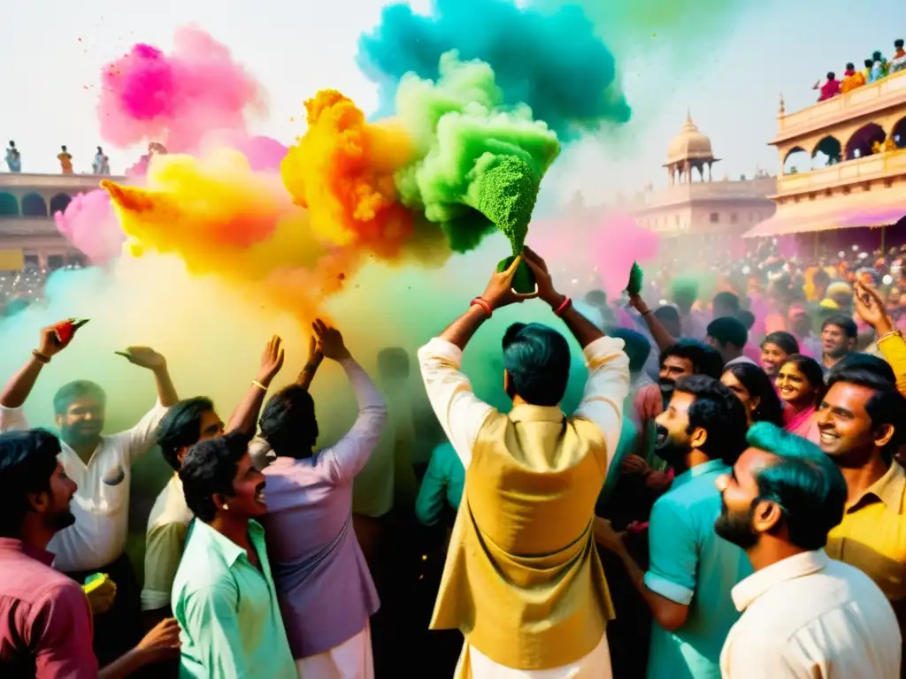 Una vibrante celebración del festival Holi en la India, capturando la herencia cultural hindi y tradiciones con colores y alegría