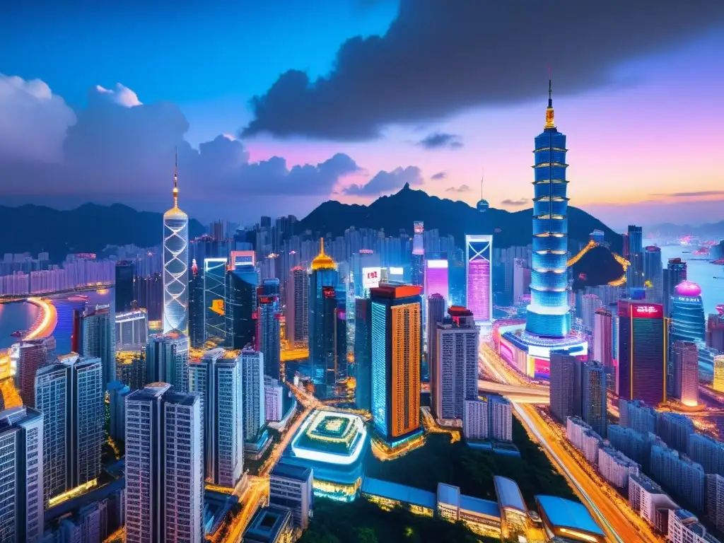 Vibrante ciudad nocturna con rascacielos futuristas iluminados por luces de neón, reflejando el futuro dominio de la comunicación global en mandarín y inglés