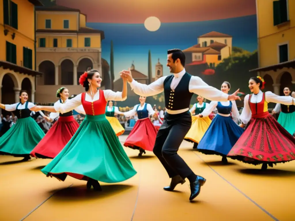 Vibrante comparativa fonética italiano portugués baile con tarantella y fandango, expresiones culturales y movimientos dinámicos