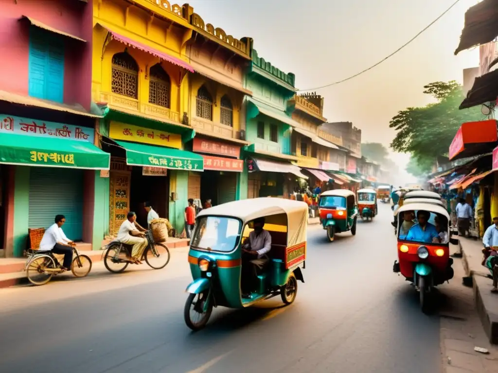 Vibrante escena callejera en Nueva Delhi con matices del hindú, tiendas coloridas y gente en una tarde nostálgica