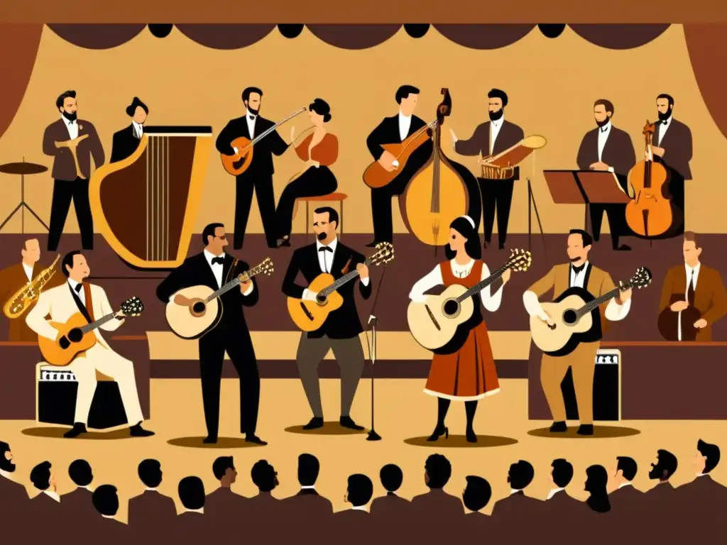 Un vibrante escenario con músicos y público, evocando nostalgia y la influencia del alemán en la música