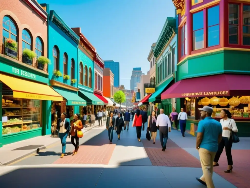 Un vibrante escenario urbano con personas diversas conversando en múltiples idiomas, reflejando el dinámico paisaje lingüístico de las comunidades inmigrantes