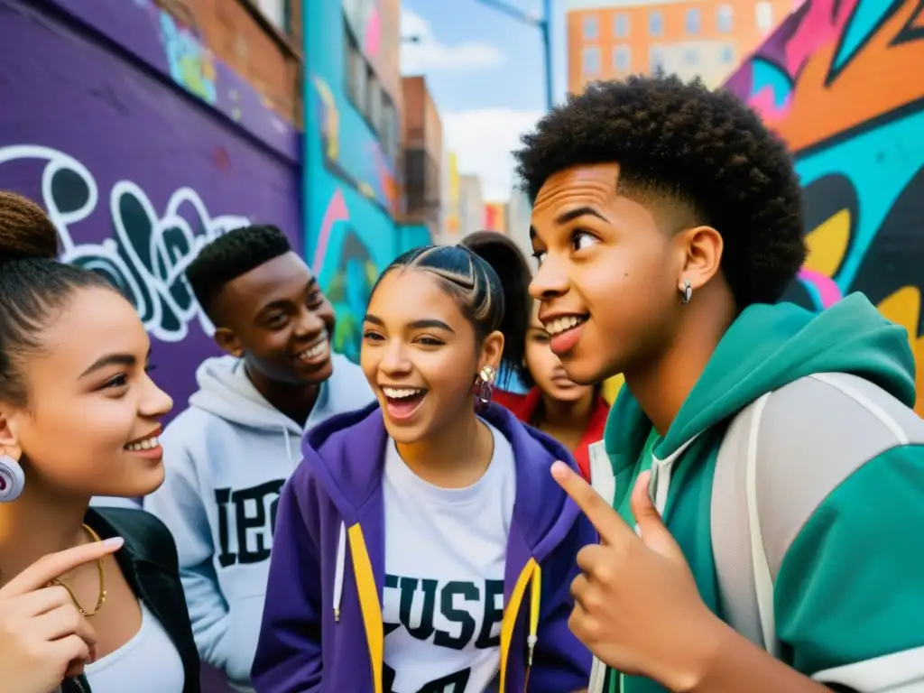 Un vibrante grupo de adolescentes conversando y expresándose con gestos en un entorno urbano lleno de arte callejero