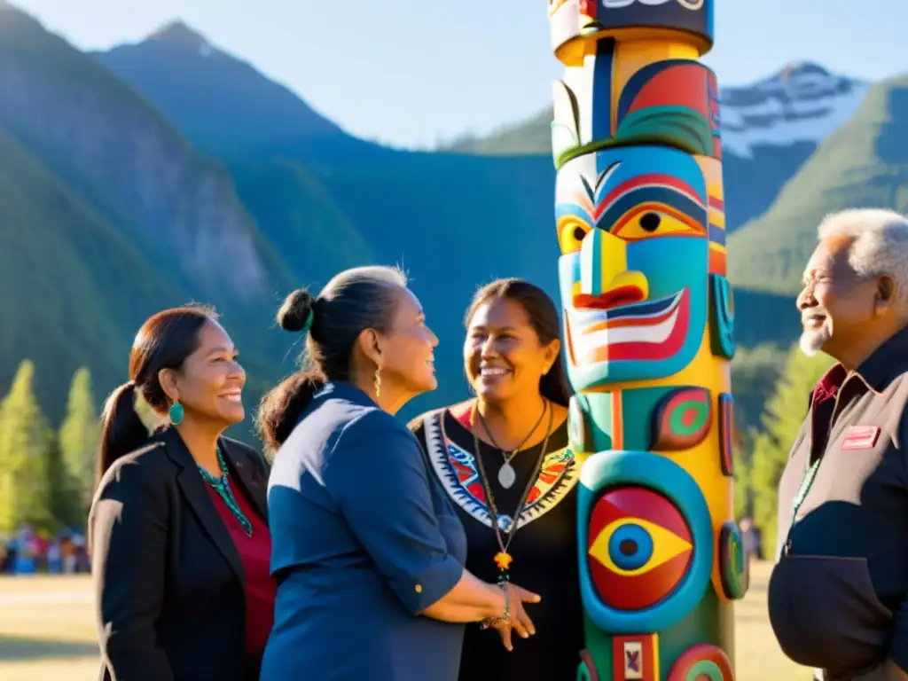 Comunidad indígena reunida alrededor de un totem colorido al atardecer Un vibrante grupo de hablantes de lenguas indígenas de diferentes edades y géneros se reúnen alrededor de un totem decorado, con el sol poniéndose detrás de una montaña