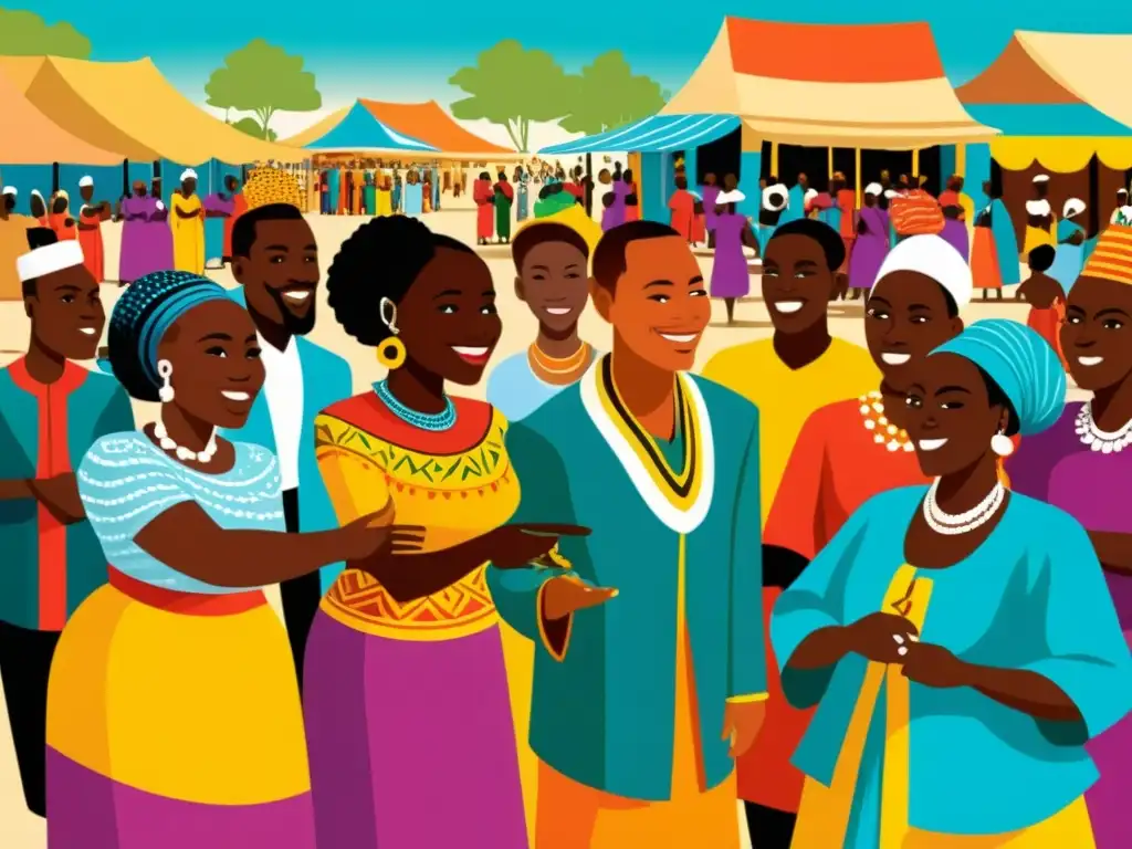 Un vibrante ilustración vintage de grupos étnicos africanos realizando saludos tradicionales en un bullicioso mercado