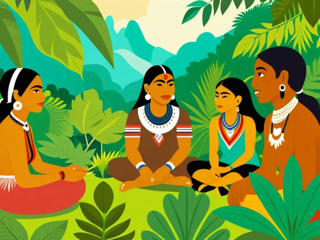 Vibrante ilustración vintage de indígenas sudamericanos preservando idiomas y conocimiento ecológico tradicional en la exuberante selva