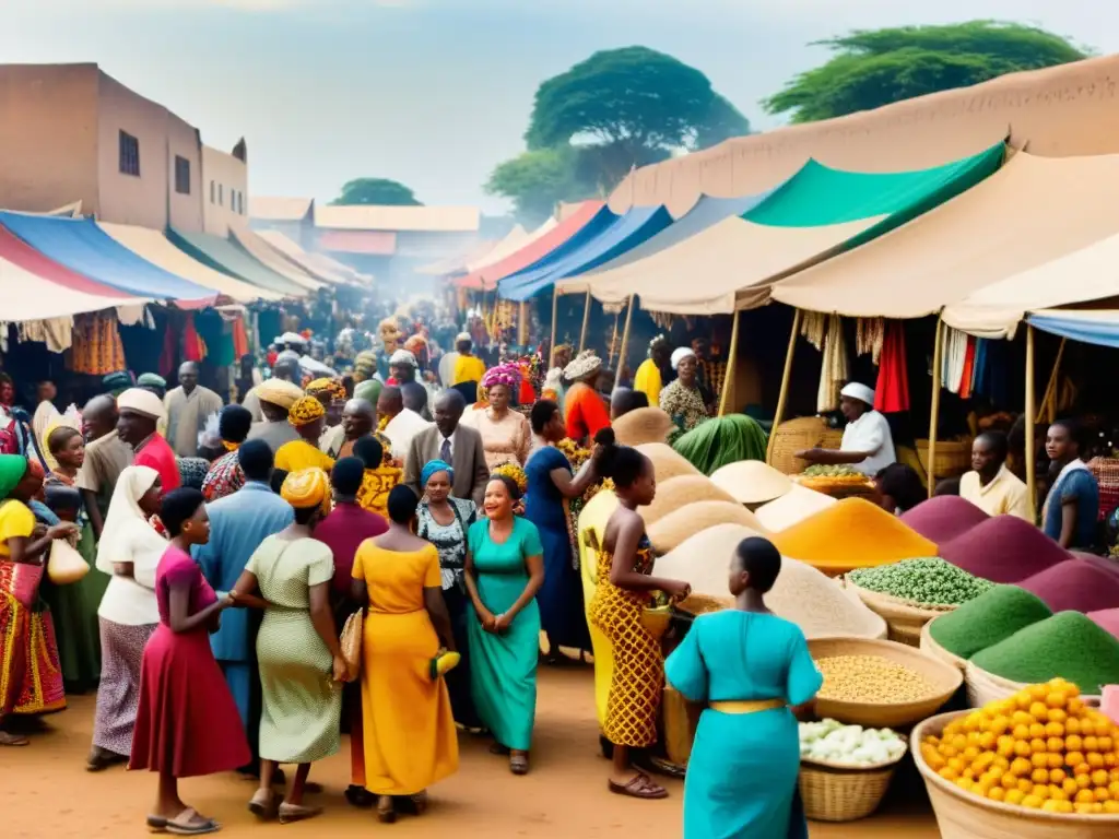 Vibrante mercado africano con interacción entre lenguas bantúes