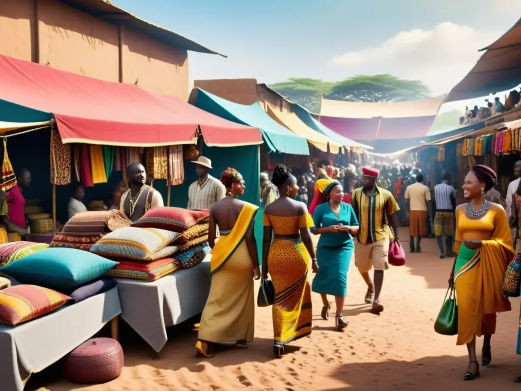 Vibrante mercado africano con textiles coloridos, gente hablando en diferentes idiomas y arquitectura tradicional y moderna