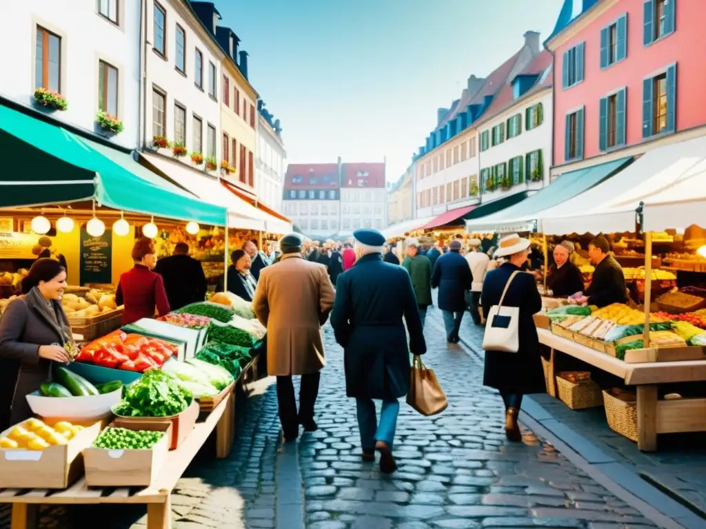 Un vibrante mercado callejero con intercambios culinarios entre lenguas, donde las personas disfrutan de la diversidad gastronómica y cultural