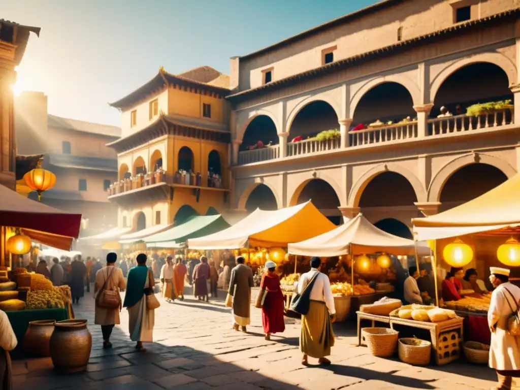 Un vibrante mercado en una ciudad antigua con diversidad cultural y lingüística