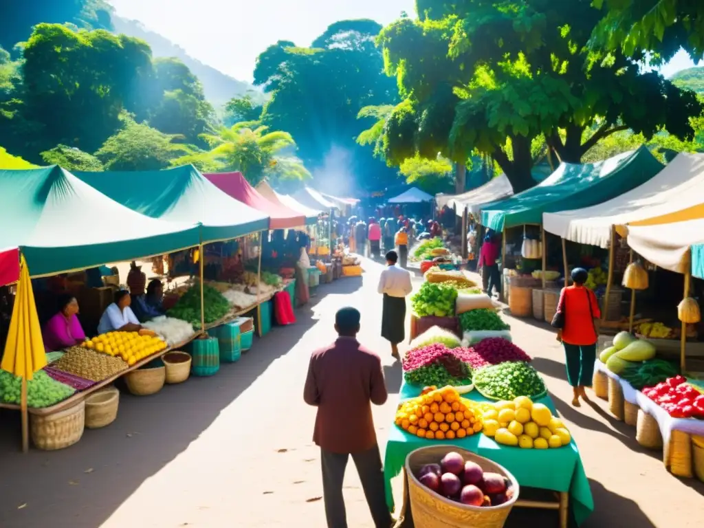 Vibrante mercado en comunidad bantú, con textiles coloridos y expresiones culturales