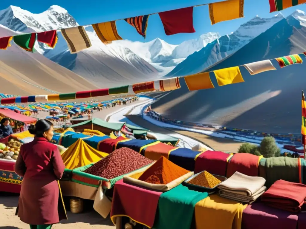 Vibrante mercado tibetano con telas y artesanías, rodeado de montañas nevadas y banderas de oración