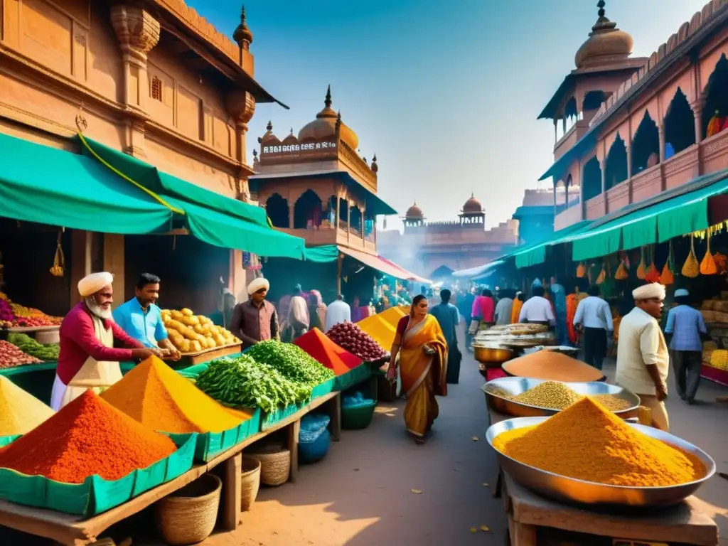 Vibrante mercado tradicional IndoArio, con vendedores y colores, reflejando usos y funciones voz pasiva IndoArias