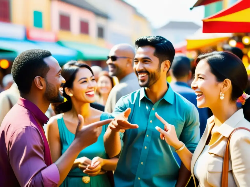 Vibrante conversación multilingüe en un bullicioso mercado, capturando la riqueza cultural y lingüística