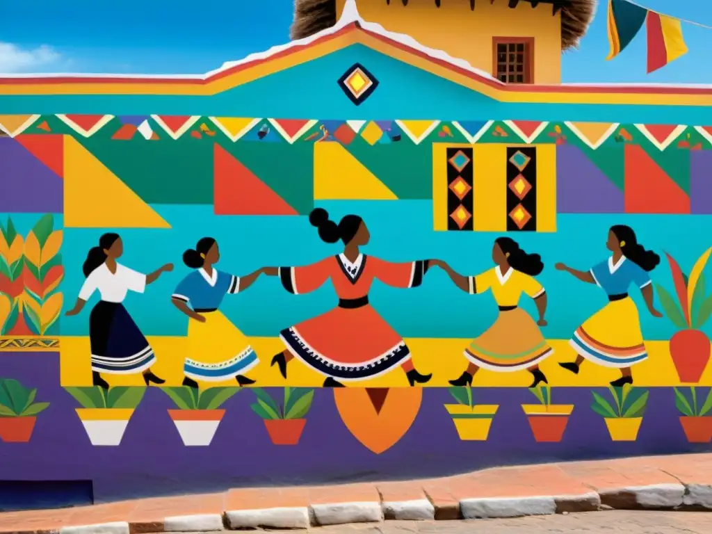 Un vibrante mural representa la identidad cultural de los criollos con danza, música, artesanías y textiles coloridos en un bullicioso mercado