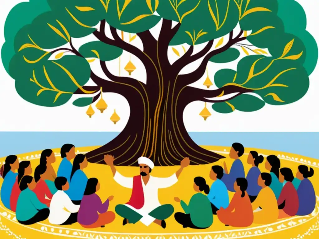 Un vibrante ilustración de un narrador sindhi contando cuentos bajo un majestuoso árbol baniano, preservando el folklore sindhi a través de la narración oral