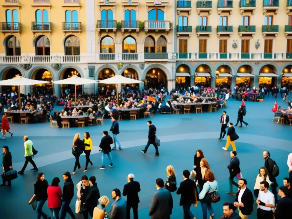 Vibrante plaza en Barcelona con arquitectura gótica, barroca y modernista, reflejando la relación entre dialectos catalanes y castellanos en España