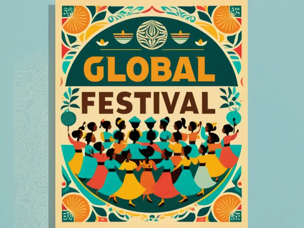 Un vibrante póster vintage para Festivales Lingüísticos Globales, con caligrafía e indumentarias tradicionales coloridas de todo el mundo