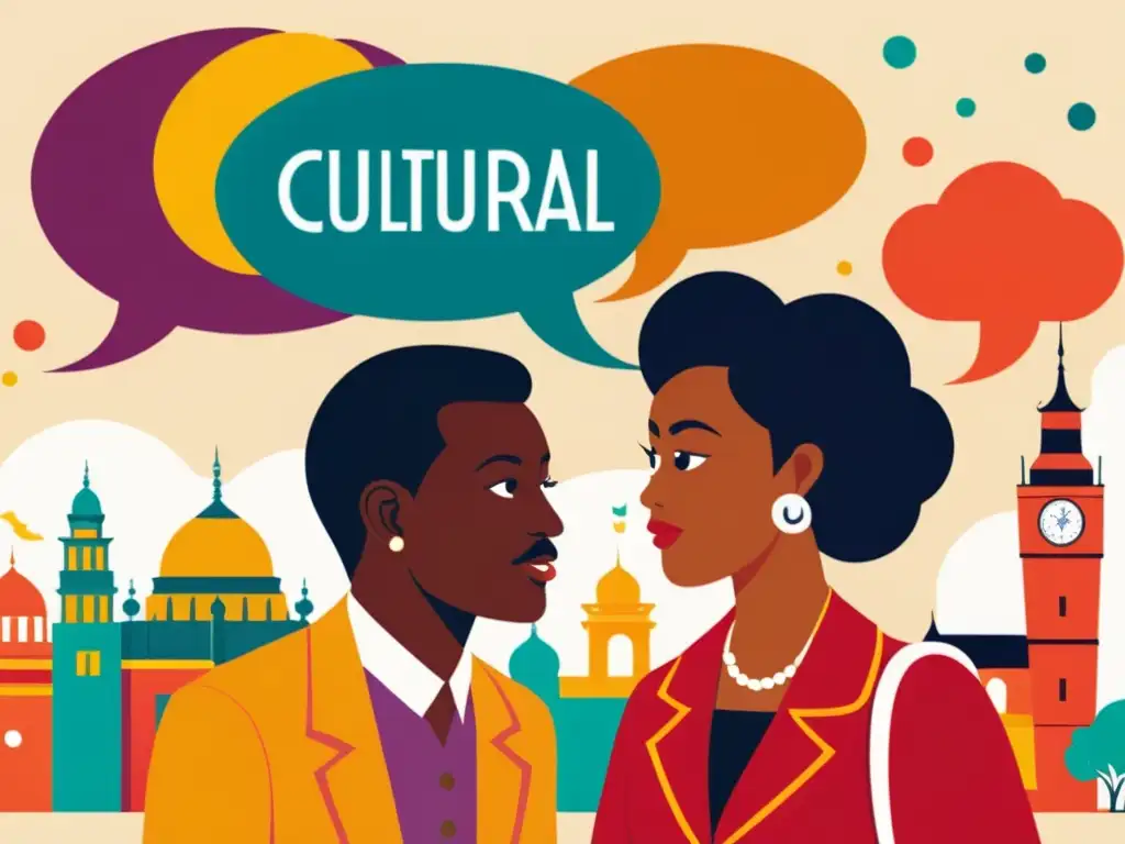 Un vibrante ilustración vintage de dos personas de diferentes culturas conversando en varios idiomas, con símbolos culturales de fondo