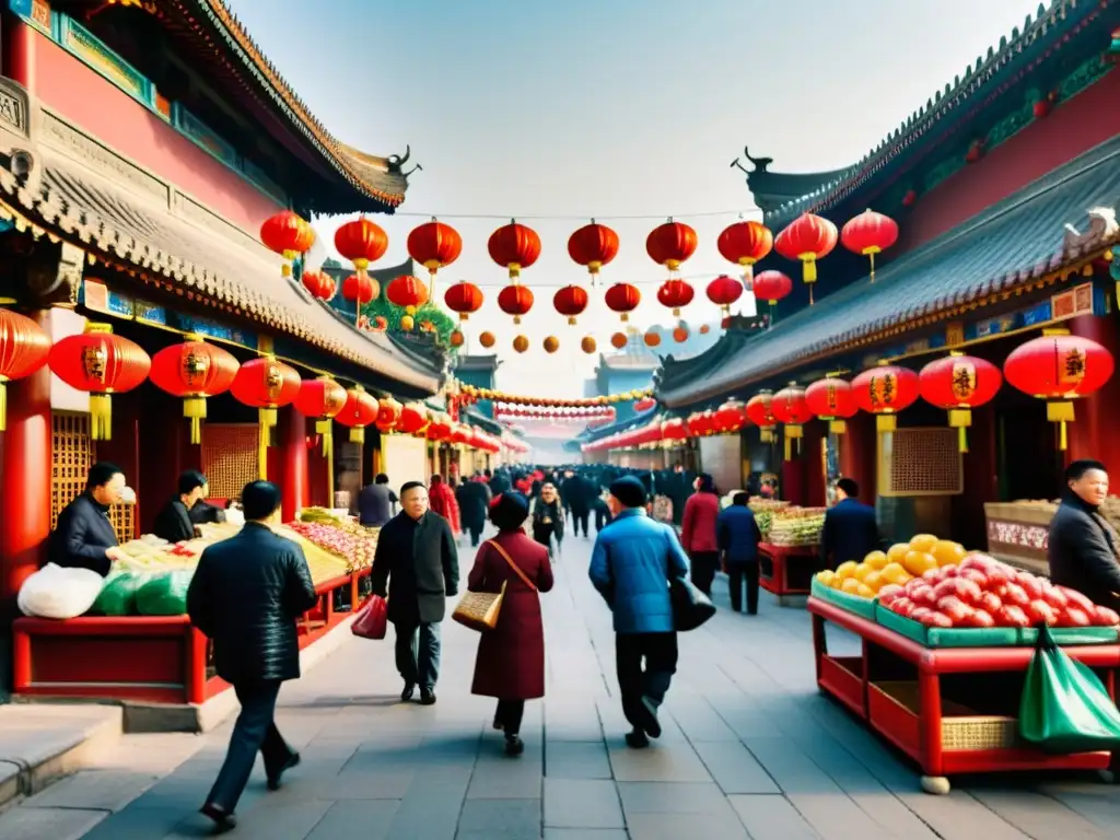 Vieja calle bulliciosa en Beijing con arquitectura tradicional, vendedores y gente