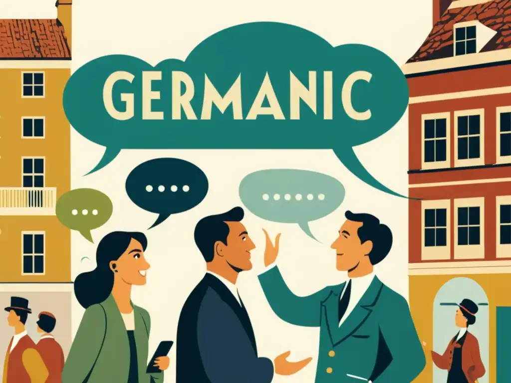 Vieja ilustración de interacción lingüística entre hablantes de alemán y francés en una plaza europea con influencias germánicas en la fonética