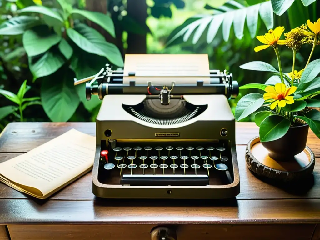 Una vieja máquina de escribir reposa en un escritorio de madera, rodeada de exuberante vegetación y flores silvestres