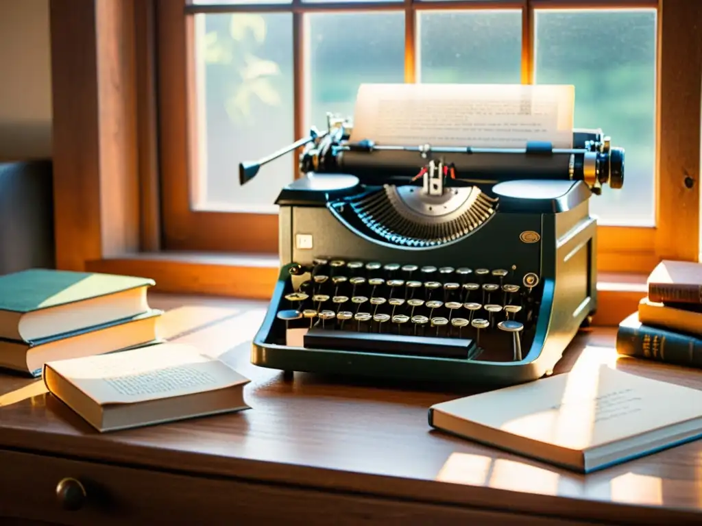 Una vieja máquina de escribir junto a libros antiguos y gafas, bañados por la cálida luz de la tarde