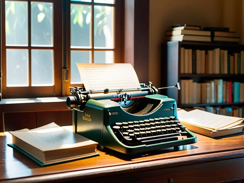 Una vieja máquina de escribir rodeada de libros en diferentes idiomas, bañada por la cálida luz de la tarde