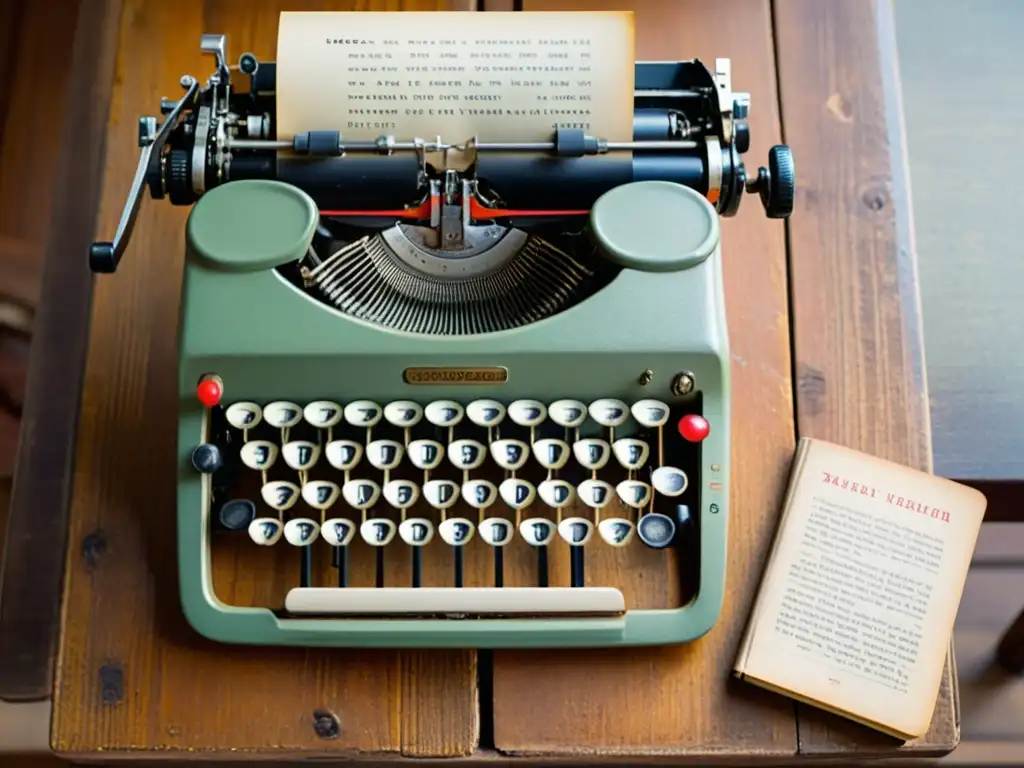 Una vieja máquina de escribir rodeada de libros en diferentes idiomas, sobre un escritorio de madera desgastado