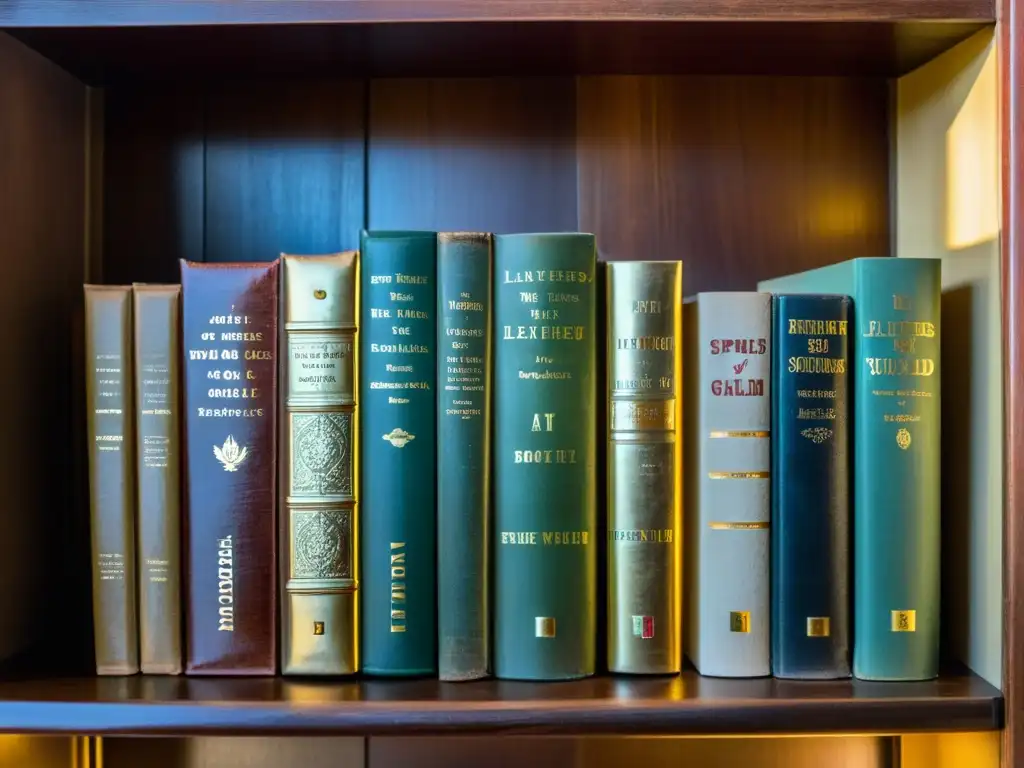 Viejos libros de cuero en estantería polvorienta, bañados por luz de la tarde