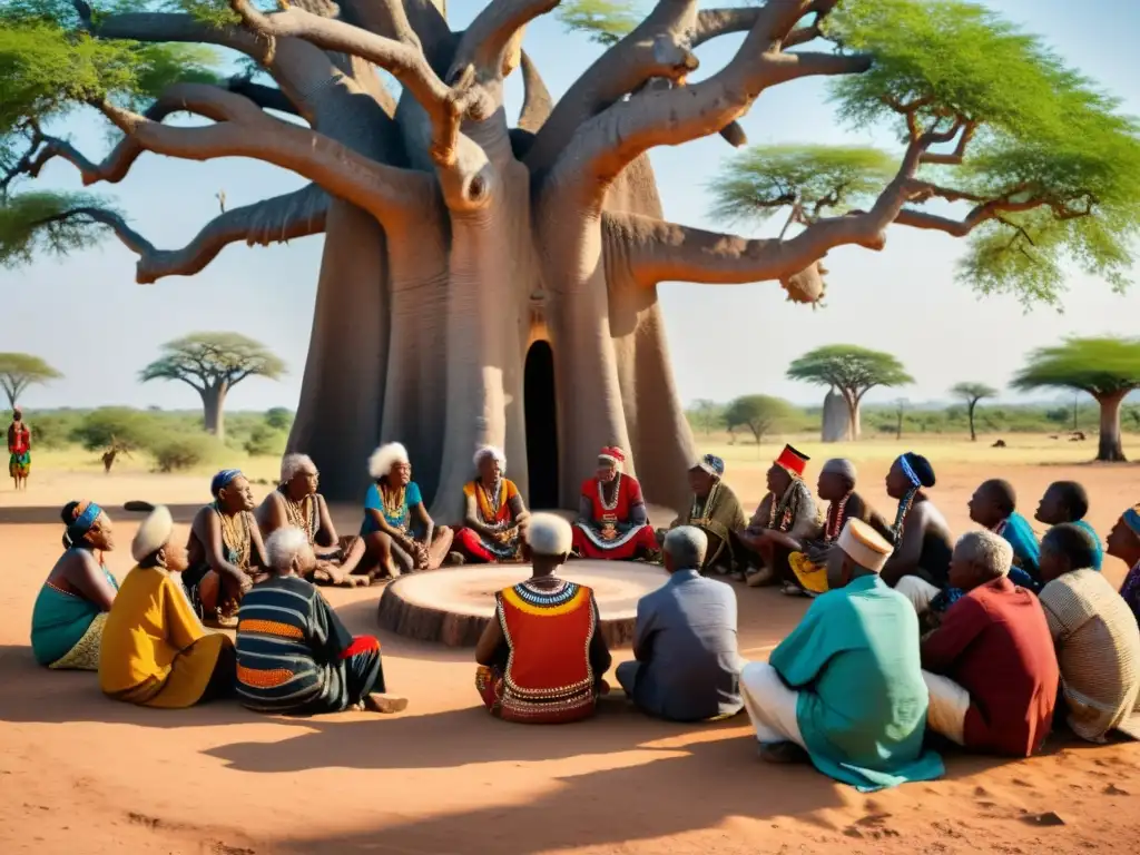 Viejos sabios en un ritual bajo el árbol baobab, rodeados de la tribu africana, en un escenario mágico al atardecer