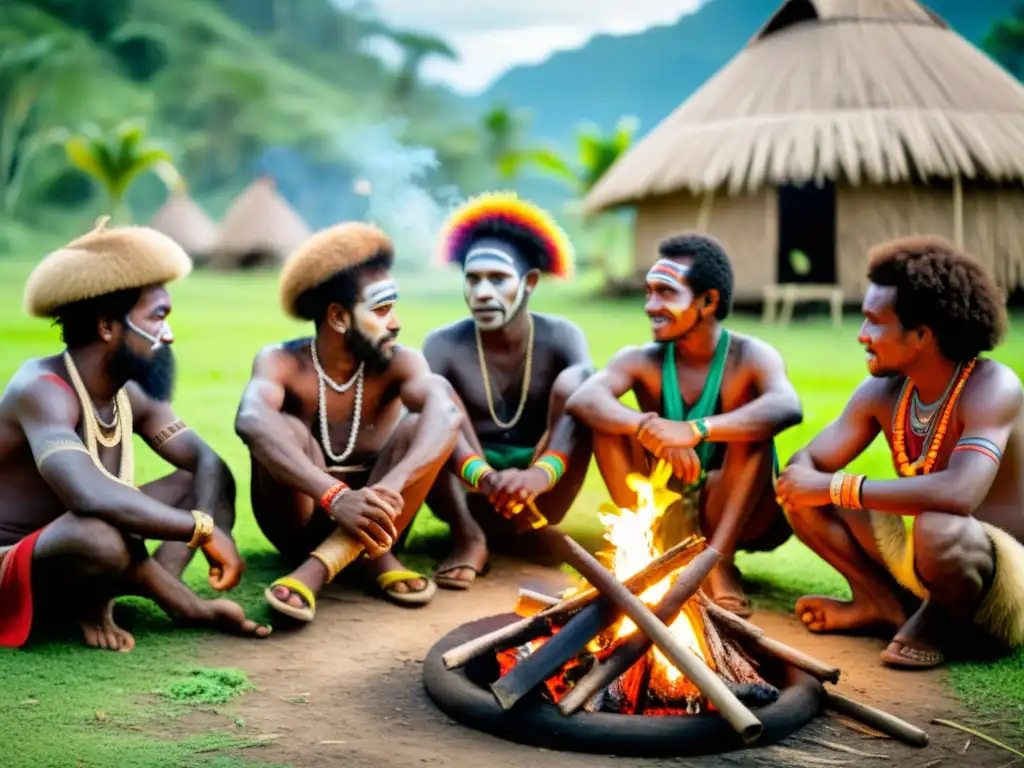 Villagers de Papúa Nueva Guinea bailando alrededor del fuego, con atuendos tradicionales y singularidad lingüística Papúa Nueva Guinea