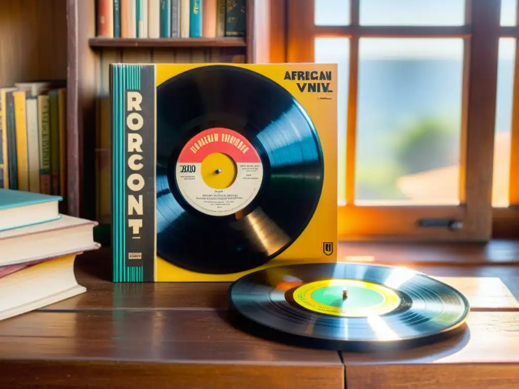 Vinilo africano vintage rodeado de libros antiguos y gafas, bajo la cálida luz del sol, expresiones artísticas conservación lingüística africana