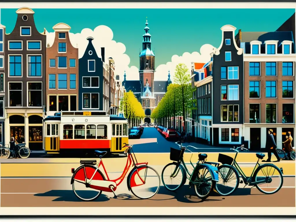 Aprender holandés en Ámsterdam: cartel vintage con calle bulliciosa, bicicletas coloridas y arquitectura holandesa