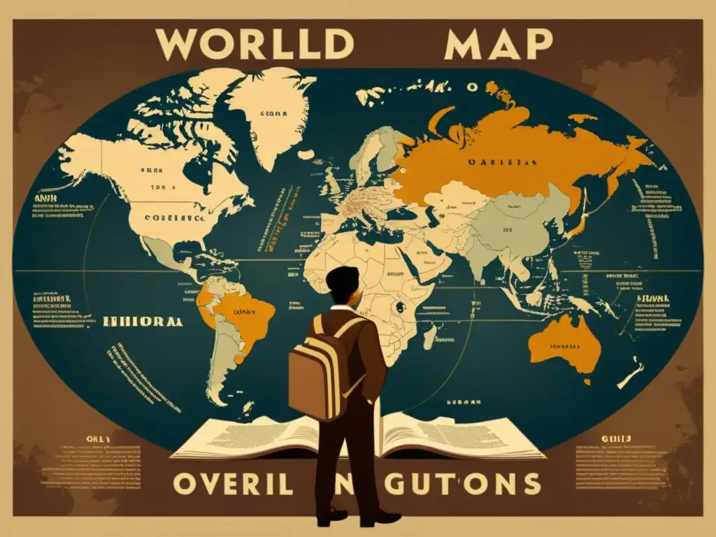 Vintage cartel con mapa mundial y lenguajes, simbolizando cómo políticas lingüísticas moldean naciones