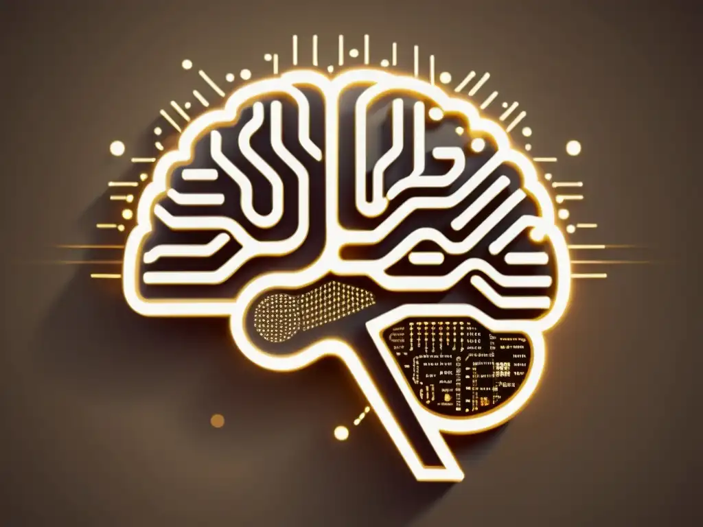 Una ilustración vintage del cerebro humano entrelazado con circuitos y flujos de datos, simbolizando la intersección de la programación neurolingüística y la era digital