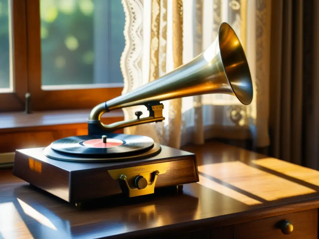 Un fonógrafo francés vintage con un cuerno de latón desgastado en una mesa de madera pulida, junto a una pila de discos de vinilo antiguos