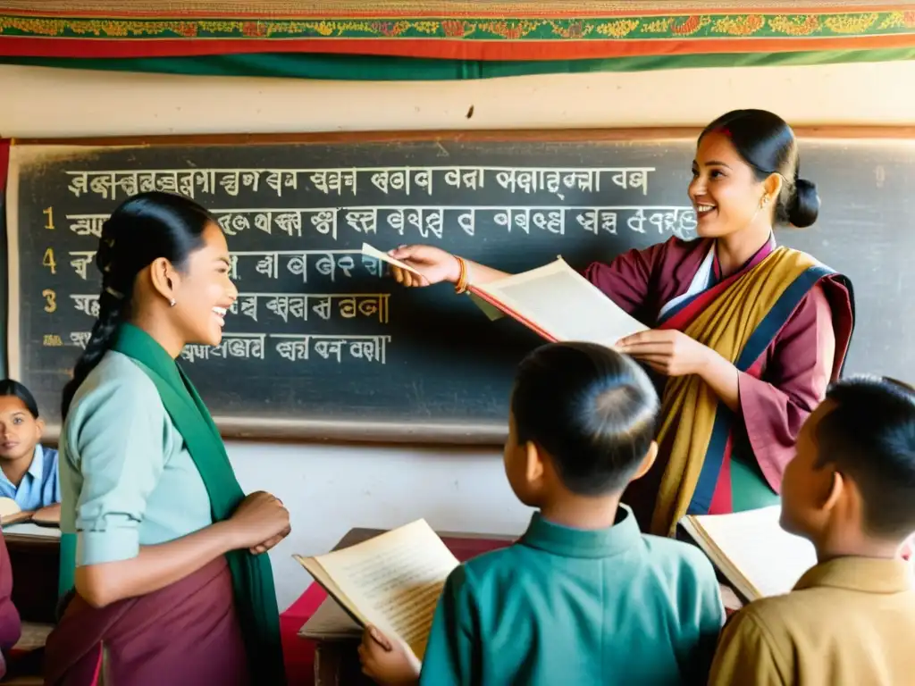 Una ilustración vintage detallada de una clase tradicional de gramática nepalí, con estudiantes atentos escuchando al maestro explicar el uso de las partículas modales