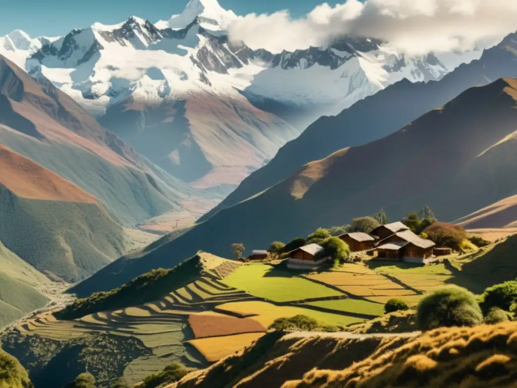 Una ilustración vintage de la diversidad lingüística en los Andes, con montañas, naturaleza exuberante y actividades culturales andinas