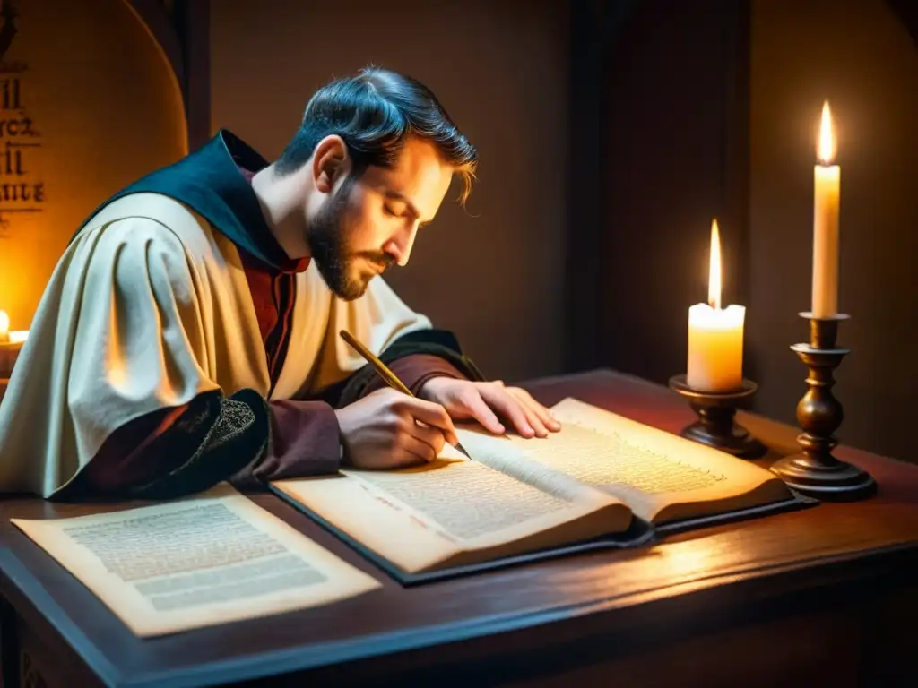 Un ilustración vintage de un escriba medieval en un scriptorium tenue, transcribiendo un manuscrito latino a la luz de una vela