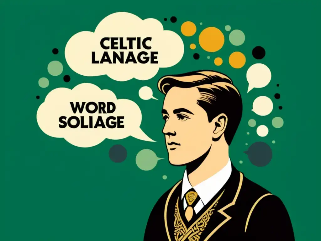 Un ilustración vintage de un hablante de lenguas celtas dialogando, rodeado de simbología lingüística que muestra el uso de clíticos en lenguas celtas