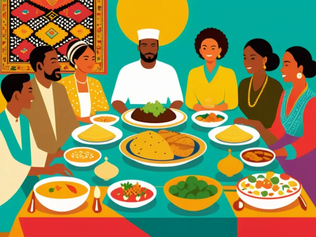 Una ilustración vintage de personas de diferentes culturas compartiendo una comida, evocando la celebración de la diversidad cultural y la unión