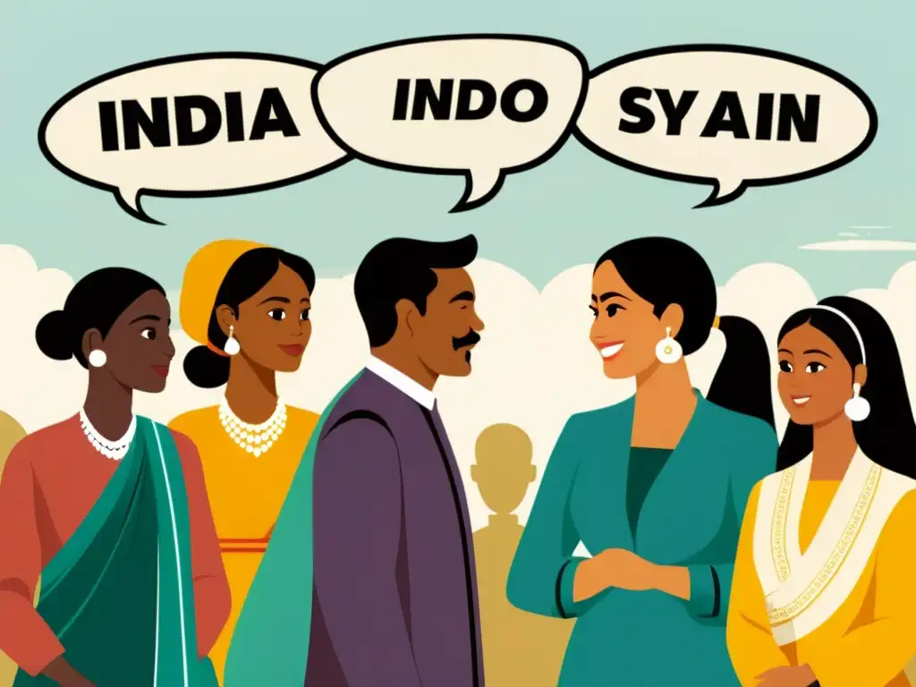 Una ilustración vintage de personas de diferentes culturas indo-arias conversando, con burbujas de diálogo en varios idiomas como Hindi, Bengalí, Urdu y Punjabi