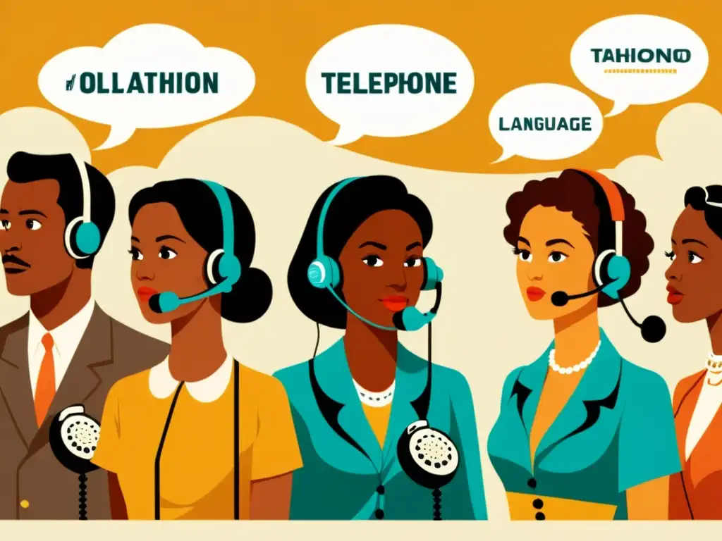 Una ilustración vintage de personas diversas usando teléfonos antiguos, con burbujas de diálogo en varios idiomas, evocando la evolución de la comunicación y las aplicaciones de voz para idiomas