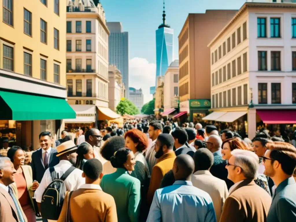Intercambio de Idiomas en la Ciudad Global Vista aérea de la bulliciosa calle de una ciudad, donde personas de distintas culturas realizan intercambios de idiomas mundo real, inmersos en una atmósfera globalizada y vibrante