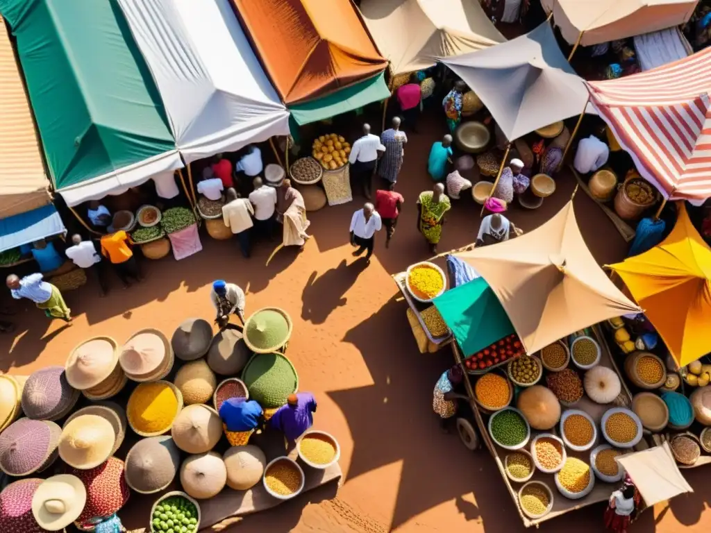 Vista aérea de bullicioso mercado africano, colores vibrantes, ropa tradicional y variedad de productos